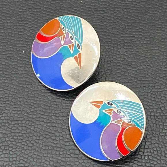 LAUREL BURCH Signed Celestial Birds Enamel Silver-tone Round Post Earrings 11.6g - Picture 5 of 12